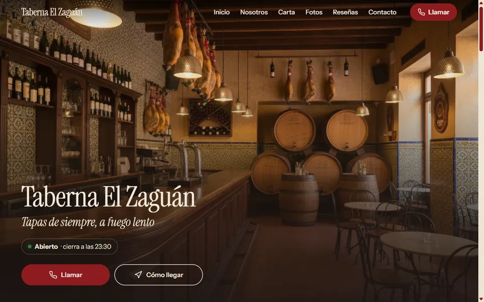 Web de ejemplo de un bar de tapas con foto del local, carta y botón de llamar